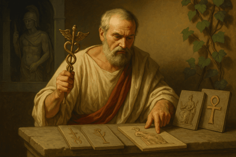 A Roman priest comparing carved symbols of foreign deities to Roman gods, illustrating the concept of interpretatio Romana.