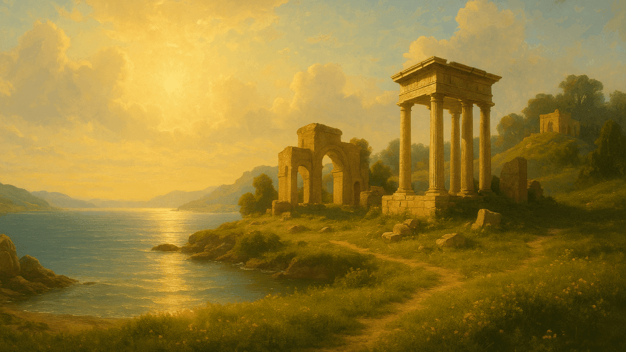 Sunlit landscape of the mythic Isles of the Blessed, with ancient ruins overlooking a calm blue sea and golden meadows.
