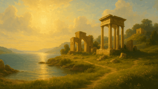Sunlit landscape of the mythic Isles of the Blessed, with ancient ruins overlooking a calm blue sea and golden meadows.