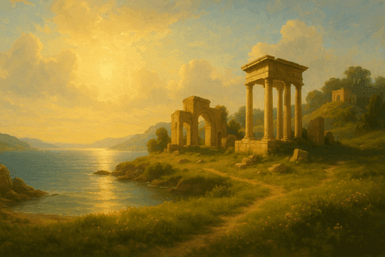 Sunlit landscape of the mythic Isles of the Blessed, with ancient ruins overlooking a calm blue sea and golden meadows.