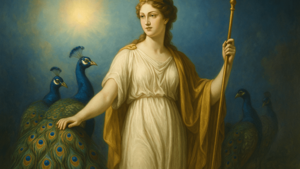 Juno, the Roman queen of the gods, stands gracefully with two peacocks by her side, wearing a white gown, golden cloak, and crown beneath a radiant sky.