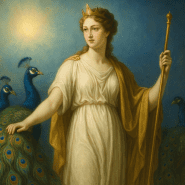 Juno, the Roman queen of the gods, stands gracefully with two peacocks by her side, wearing a white gown, golden cloak, and crown beneath a radiant sky.