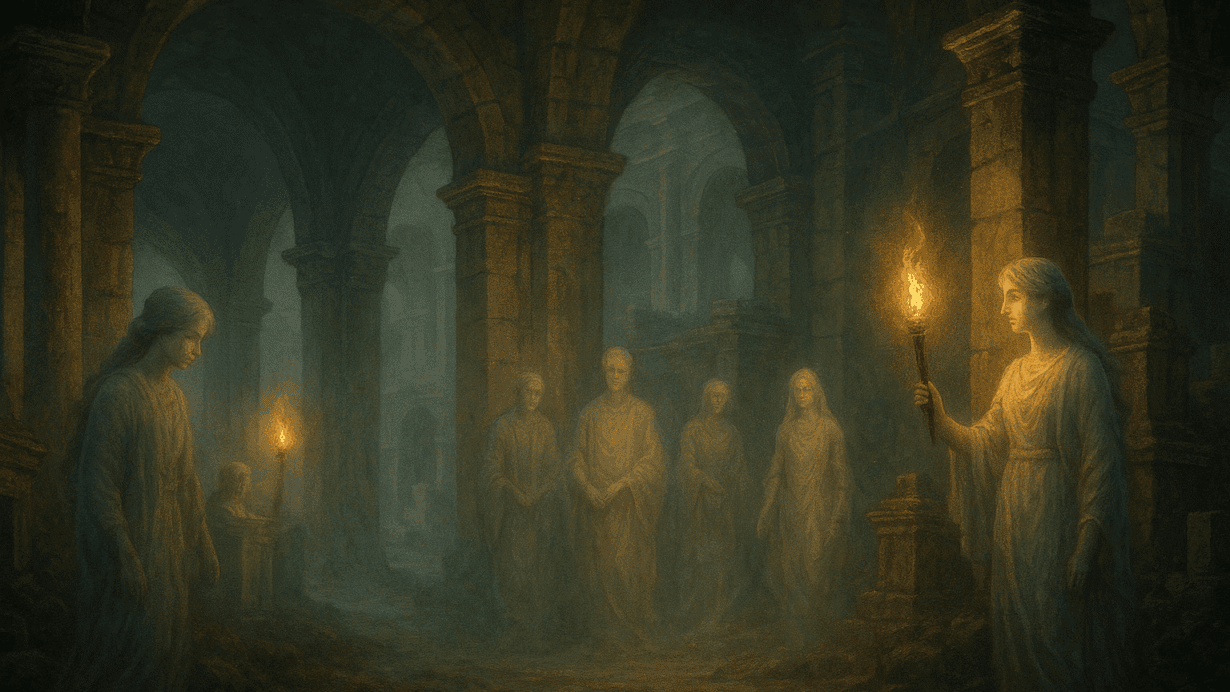 Ancestral spirits of the Manes appearing as gentle, ghostly figures within torchlit Roman stone ruins.