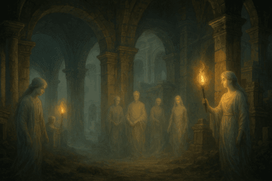 Ancestral spirits of the Manes appearing as gentle, ghostly figures within torchlit Roman stone ruins.