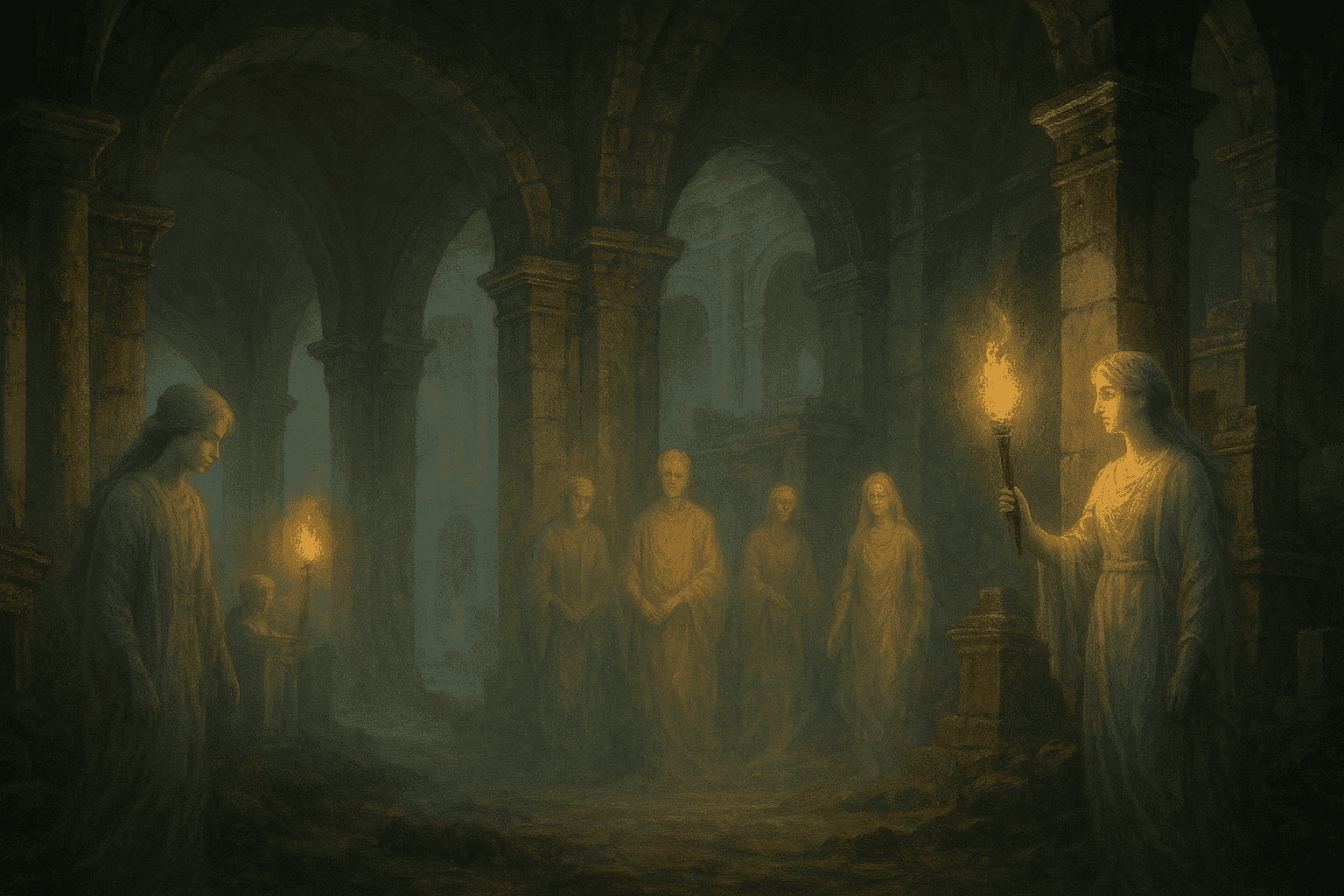 Ancestral spirits of the Manes appearing as gentle, ghostly figures within torchlit Roman stone ruins.
