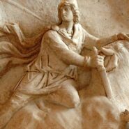 A detailed depiction of Mithras slaying the sacred bull inside a dimly lit mithraeum, with torches illuminating ancient stone walls and cosmic symbols.