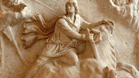 A detailed depiction of Mithras slaying the sacred bull inside a dimly lit mithraeum, with torches illuminating ancient stone walls and cosmic symbols.