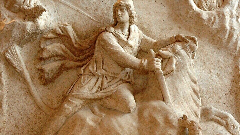 A detailed depiction of Mithras slaying the sacred bull inside a dimly lit mithraeum, with torches illuminating ancient stone walls and cosmic symbols.