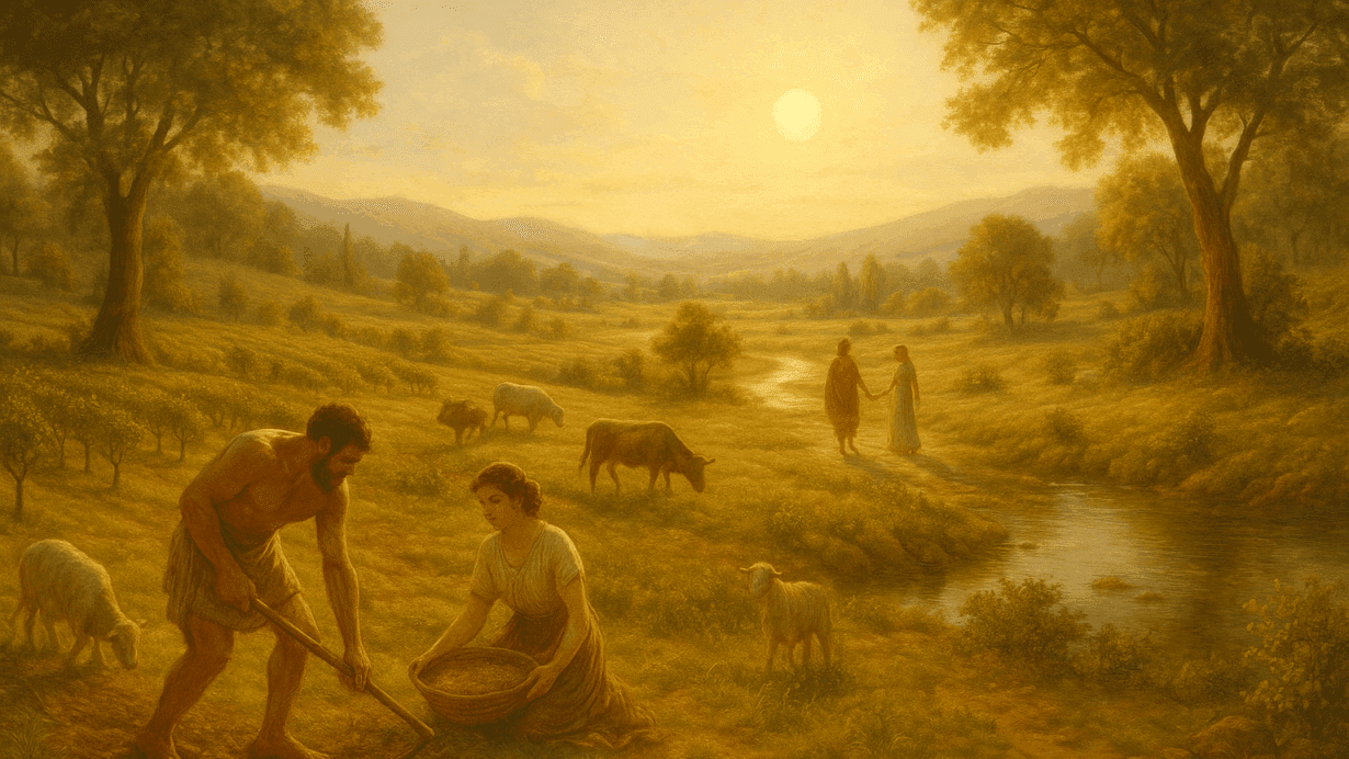 A warm, idyllic landscape showing peaceful figures farming, grazing animals, and walking beside a stream, representing the harmony and abundance of Saturn’s Golden Age.