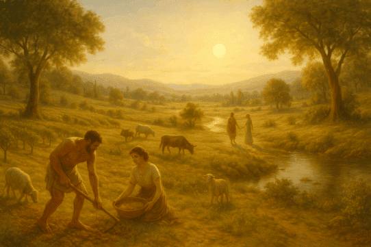 A warm, idyllic landscape showing peaceful figures farming, grazing animals, and walking beside a stream, representing the harmony and abundance of Saturn’s Golden Age.