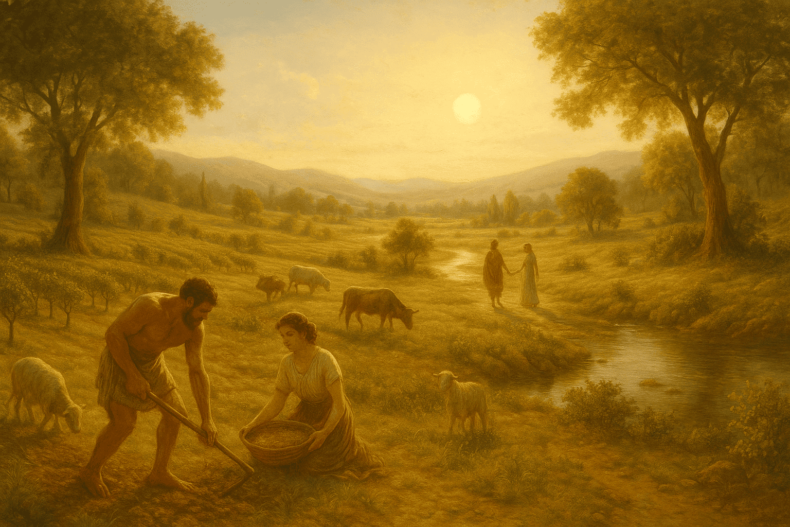 A warm, idyllic landscape showing peaceful figures farming, grazing animals, and walking beside a stream, representing the harmony and abundance of Saturn’s Golden Age.
