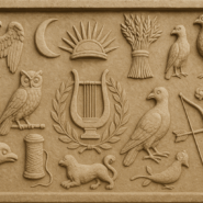 Stone bas-relief carving featuring Roman mythological symbols, including an eagle, crescent moon, lyre, owl, trident, wheat sheaf, dove, roses, and other divine emblems arranged in a classical panel.