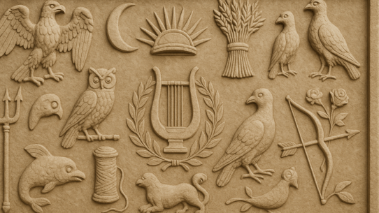 Stone bas-relief carving featuring Roman mythological symbols, including an eagle, crescent moon, lyre, owl, trident, wheat sheaf, dove, roses, and other divine emblems arranged in a classical panel.