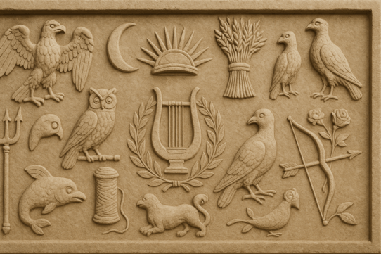 Stone bas-relief carving featuring Roman mythological symbols, including an eagle, crescent moon, lyre, owl, trident, wheat sheaf, dove, roses, and other divine emblems arranged in a classical panel.