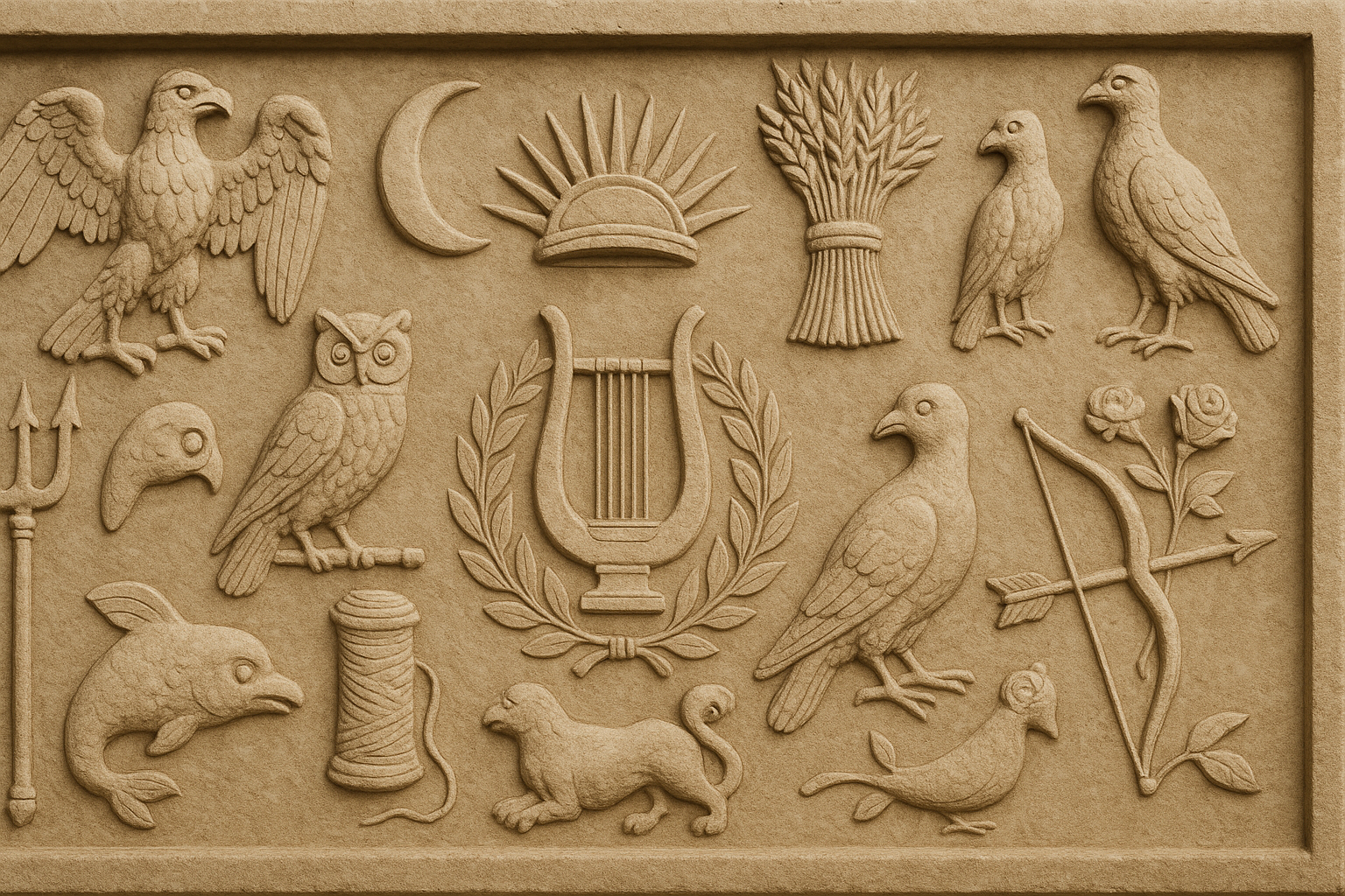 Stone bas-relief carving featuring Roman mythological symbols, including an eagle, crescent moon, lyre, owl, trident, wheat sheaf, dove, roses, and other divine emblems arranged in a classical panel.