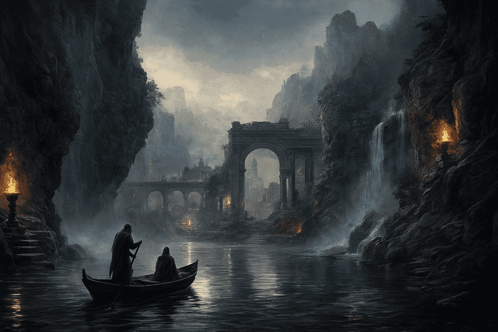 Ancient Roman Underworld landscape with ferryman crossing a mist-filled river.