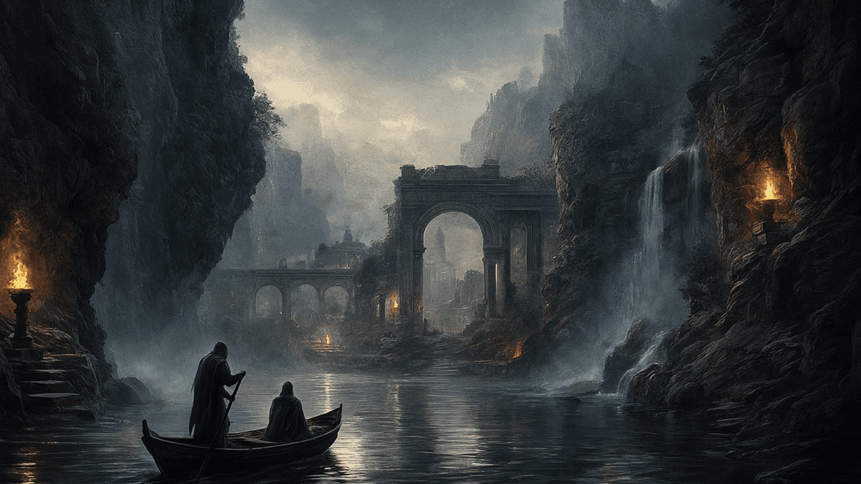 Ancient Roman Underworld landscape with ferryman crossing a mist-filled river.