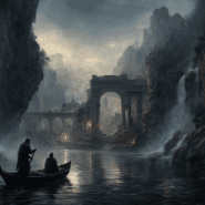 Ancient Roman Underworld landscape with ferryman crossing a mist-filled river.