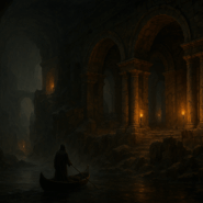 A ferryman guiding a small boat through a dark Roman Underworld cavern, illuminated by torchlit stone arches and ancient ruins.