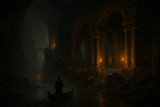 A ferryman guiding a small boat through a dark Roman Underworld cavern, illuminated by torchlit stone arches and ancient ruins.