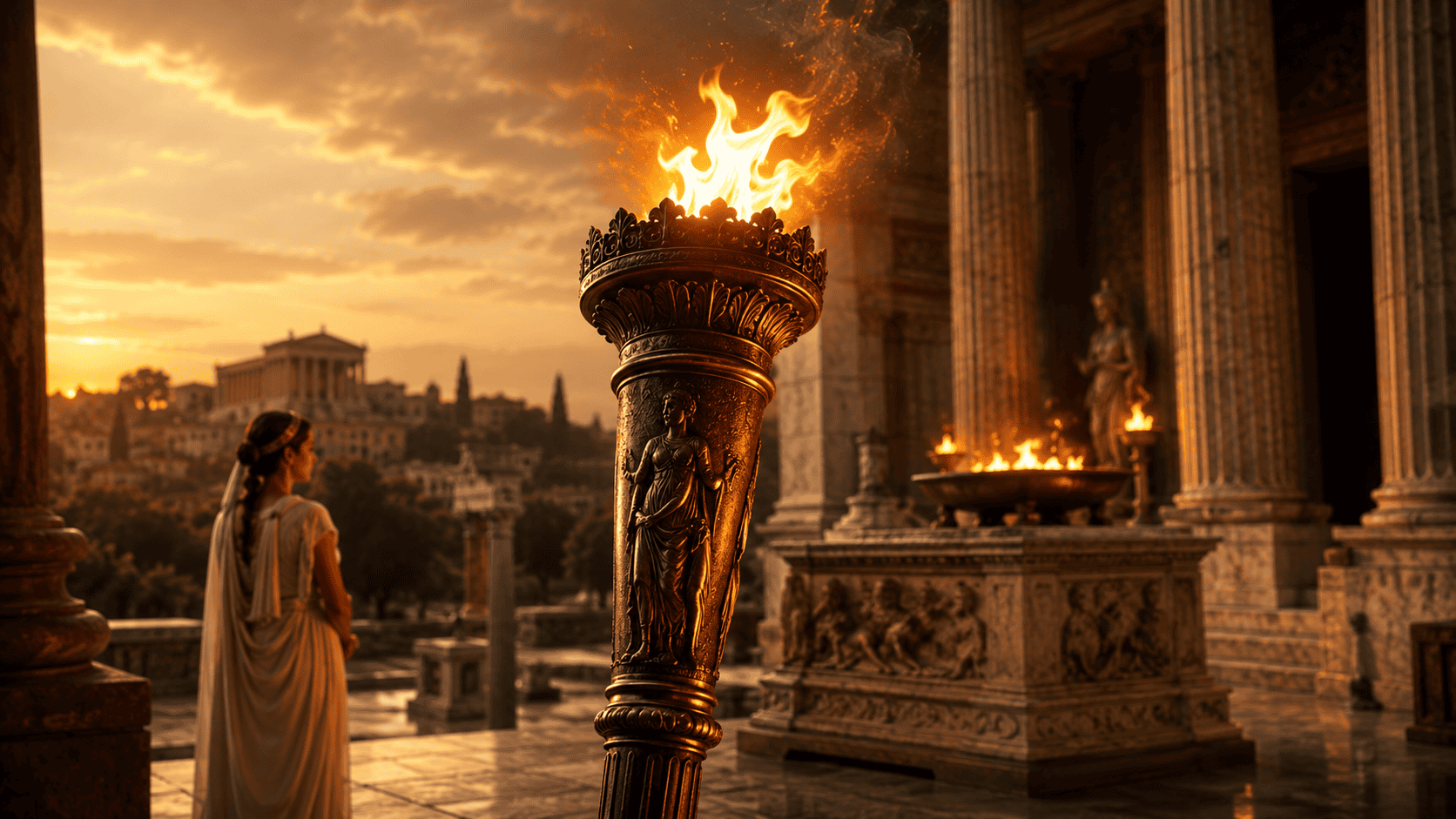 Burning Roman torch beside a temple altar at sunset, with sacred flames, marble columns, and ancient Rome in the background.