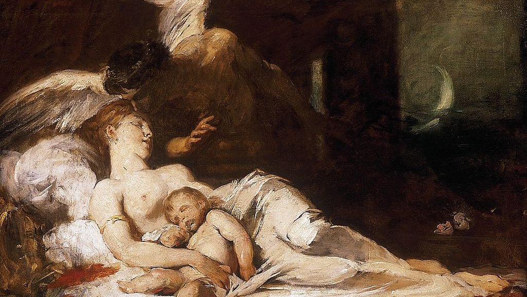 Painting of Hypnos (Somnus), the Roman god of sleep, shown as a serene, winged youth holding a poppy.