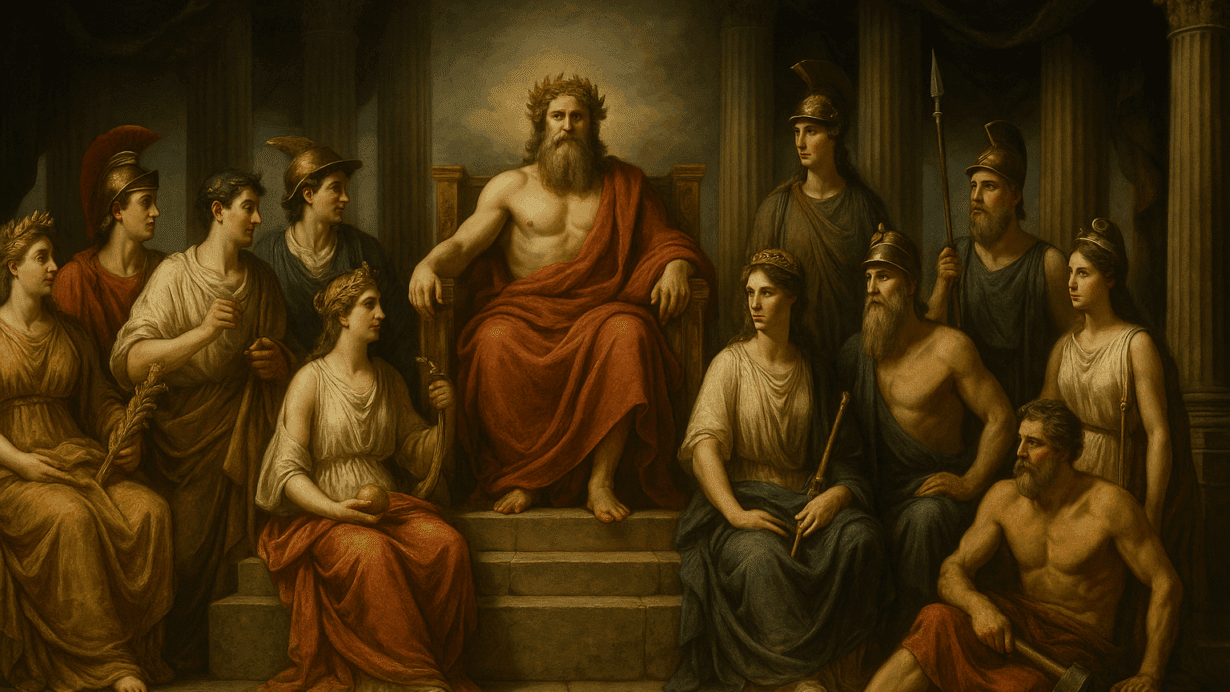 A classical-style painting showing the twelve major Roman gods gathered on temple steps with Jupiter enthroned at the center, surrounded by deities holding their symbols.