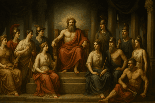 A classical-style painting showing the twelve major Roman gods gathered on temple steps with Jupiter enthroned at the center, surrounded by deities holding their symbols.