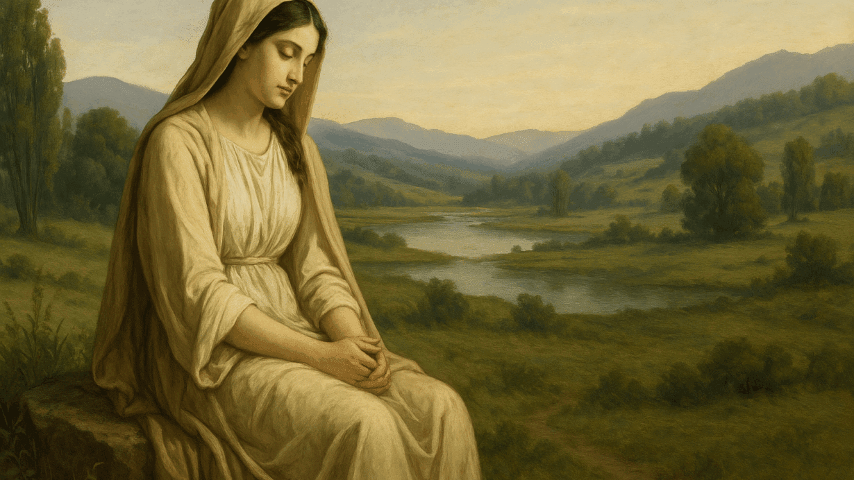 Illustration of Vacuna, the Sabine goddess of rest, seated in a peaceful valley landscape symbolizing renewal and tranquility.