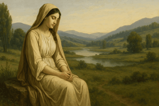 Illustration of Vacuna, the Sabine goddess of rest, seated in a peaceful valley landscape symbolizing renewal and tranquility.