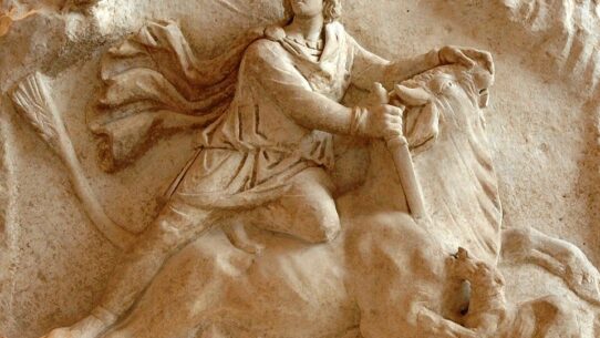 Roman Mithras tauroctony relief showing the god Mithras slaying the bull, with zodiac symbols, now in the Louvre Museum