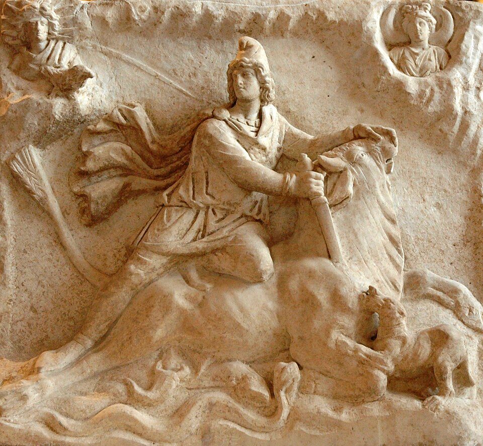 Roman Mithras tauroctony relief showing the god Mithras slaying the bull, with zodiac symbols, now in the Louvre Museum