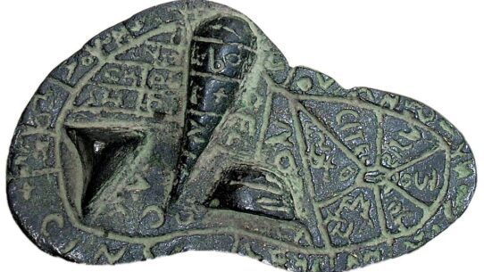 Etruscan bronze liver model from Piacenza used by priests for haruspicy, showing inscribed sections for interpreting divine signs