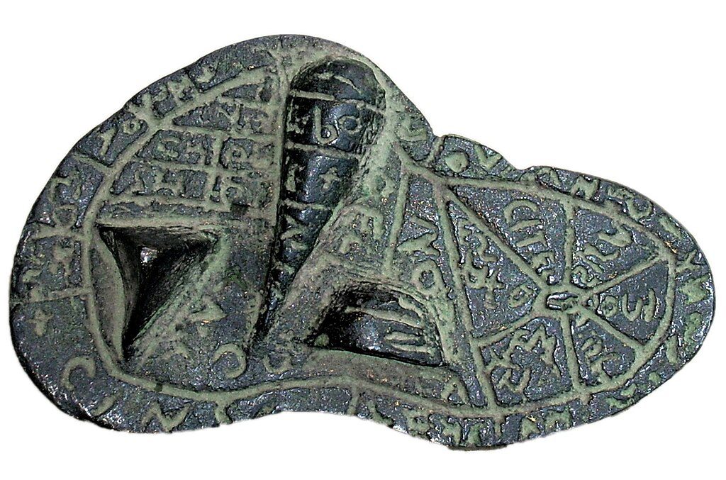 Etruscan bronze liver model from Piacenza used by priests for haruspicy, showing inscribed sections for interpreting divine signs