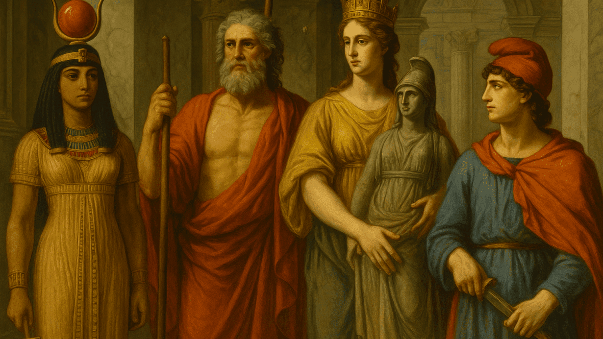 A Roman-style painting showing four foreign deities adopted by Rome, including Isis of Egypt, Jupiter, Hera, and Mithras, standing together inside a grand marble temple.