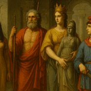 A Roman-style painting showing four foreign deities adopted by Rome, including Isis of Egypt, Jupiter, Hera, and Mithras, standing together inside a grand marble temple.