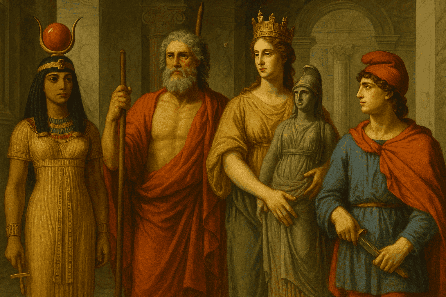A Roman-style painting showing four foreign deities adopted by Rome, including Isis of Egypt, Jupiter, Hera, and Mithras, standing together inside a grand marble temple.