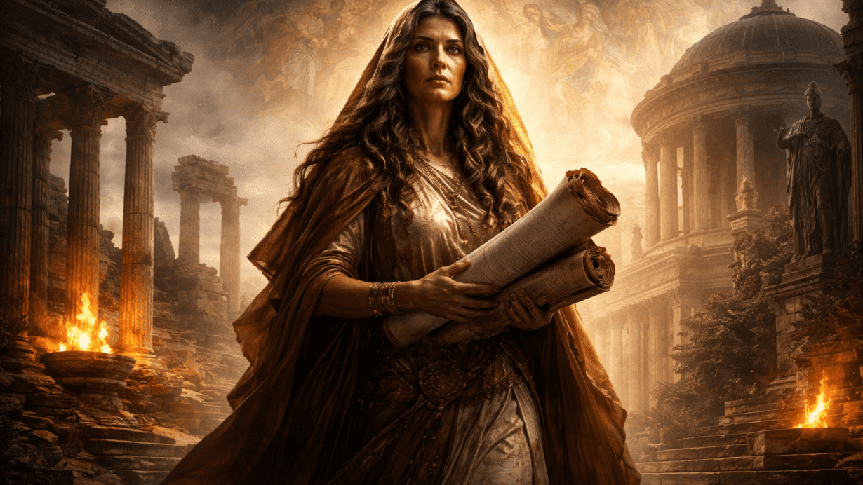 Artistic depiction of the Roman Sibyls across cultures with Greek, Roman, and Christian visual elements surrounding the Cumaean Sibyl.