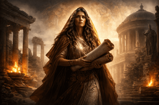 Artistic depiction of the Roman Sibyls across cultures with Greek, Roman, and Christian visual elements surrounding the Cumaean Sibyl.