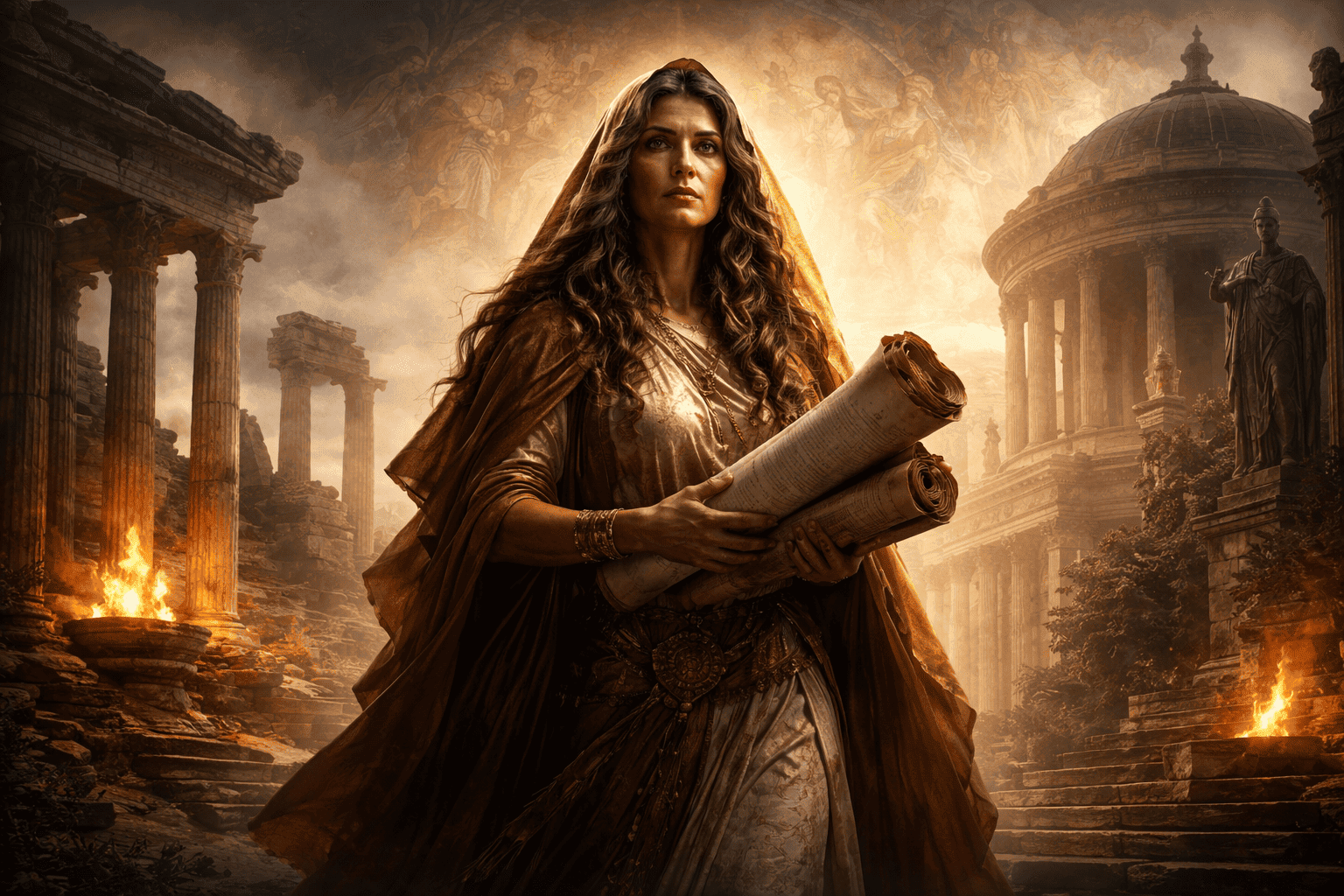 Artistic depiction of the Roman Sibyls across cultures with Greek, Roman, and Christian visual elements surrounding the Cumaean Sibyl.