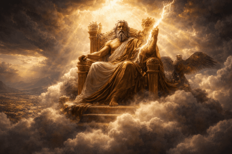 Jupiter seated on a throne in the sky holding a thunderbolt, representing his role as king of the Roman gods.