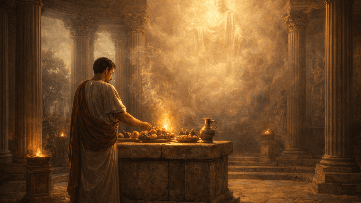 Roman priest making an offering at an altar with subtle divine presence above, representing the concept of do ut des.