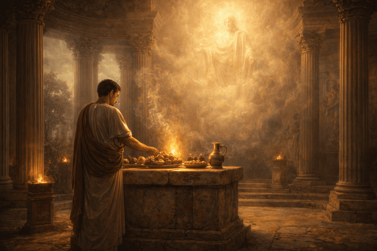 Roman priest making an offering at an altar with subtle divine presence above, representing the concept of do ut des.