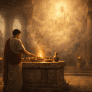 Roman priest making an offering at an altar with subtle divine presence above, representing the concept of do ut des.