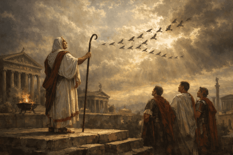 Roman augur observing birds in the sky while officials watch, illustrating augury and omens in Roman religion