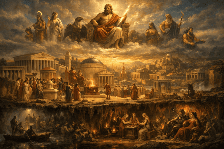 Symbolic scene showing Roman gods, rituals, and the structure of Roman mythology across sky, earth, and underworld