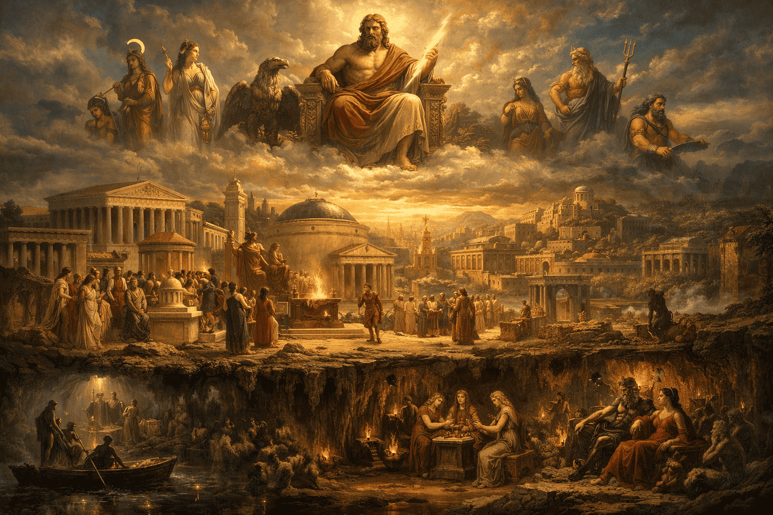 Symbolic scene showing Roman gods, rituals, and the structure of Roman mythology across sky, earth, and underworld