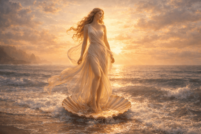 Venus emerging from the sea on a shell representing her mythological birth in Roman mythology.