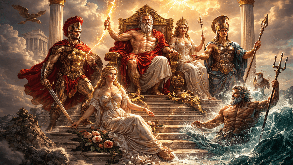 Roman gods gathered in a grand celestial scene with Jupiter, Juno, Mars, Venus, and Neptune in classical Roman style.