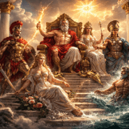 Roman gods gathered in a grand celestial scene with Jupiter, Juno, Mars, Venus, and Neptune in classical Roman style.
